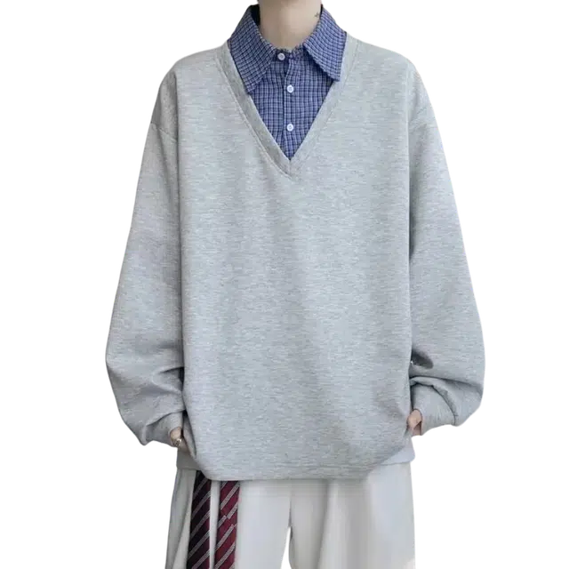 一碗士多 美式小众百搭复古经典设计感纯色格子拼接假两件学院风青春个性时尚宽松日常通勤户外卫衣 男女同款