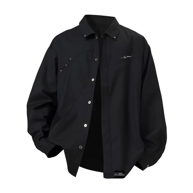 物质公式 美式复古高街痞帅慵懒风拼接金属星星装饰简约时尚基础款休闲运动重磅宽松百搭舒适日常通勤学院风垂感潮流长袖衬衫外套 男女同款