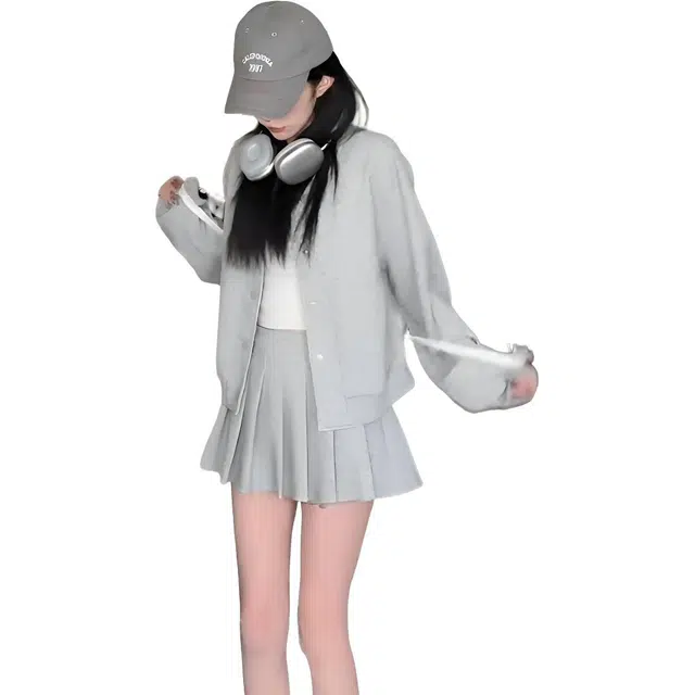 小卷要加油 美式时尚运动卫衣女秋季小个子短款外套百褶半身裙两件套休闲套装 女款