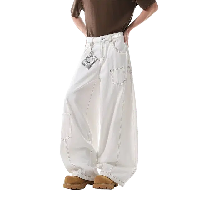一碗士多 多口袋纯色拼接拖地阔腿百搭简约潮流美式复古日常休闲弯刀宽松显高显瘦不贴腿设计感松弛感牛仔裤 男女同款
