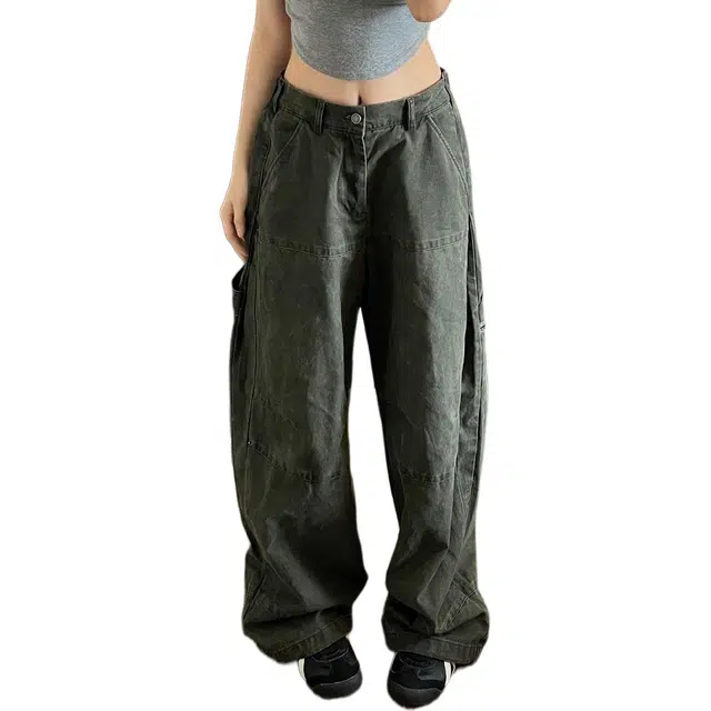 木清清 美式 复古  工装  女 秋季 水洗做旧 辣妹 宽松 阔腿 休闲 长裤牛仔裤 女款