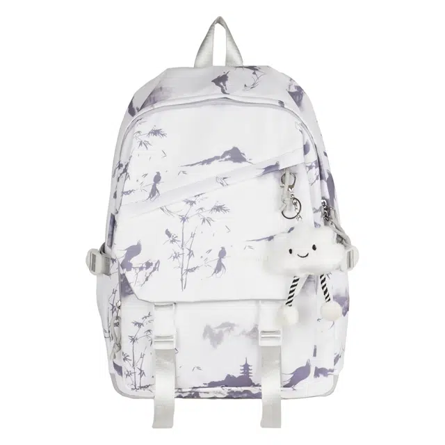 蔻蒂熊 国风水墨涂鸦书包初中女生高中生大容量扎染背包女大学生男 尼龙布 双肩包 常规 青少年 灰色/粉红色/酒红色/浅绿色