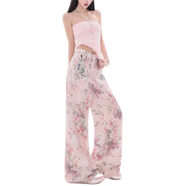 识恩 新中式粉色刺绣印花夏季休闲直筒阔腿拖地长裤子牛仔裤 女款