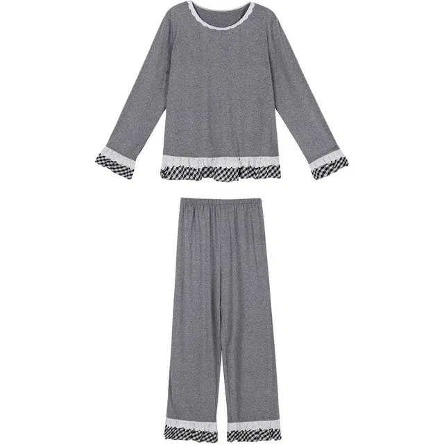 木清清 甜美蕾丝荷叶边可外穿简约长袖上衣长裤休闲套装 女款