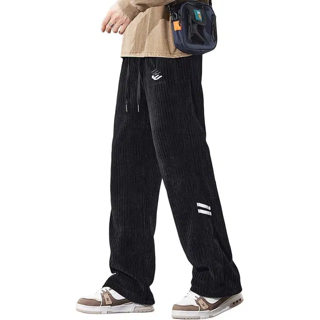 么宁 秋冬季宽松直筒运动卫裤个性刺绣条纹设计感垂感弹力长裤舒适透气简约百搭休闲裤 男女同款