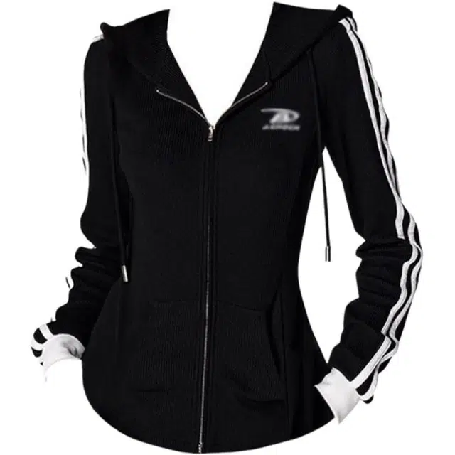 小卷要加油 美式辣妹风条纹连帽外套女秋冬薄款修身显瘦拉链长袖上衣开衫卫衣 女款