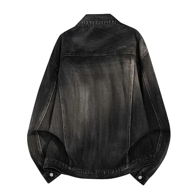 金贝勒 美式高街模糊蝴蝶字母印花水洗做旧痞帅潮流单排扣翻领慵懒学院宽松休闲百搭牛仔外套 男女同款