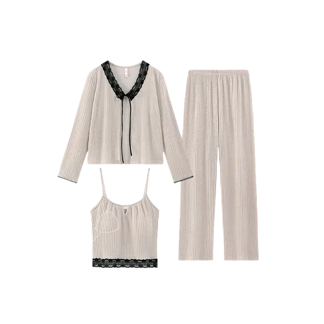 潞优野 优雅时尚高级感带胸垫吊带家居服长袖蕾丝边衬衫秋季睡衣套装 女款