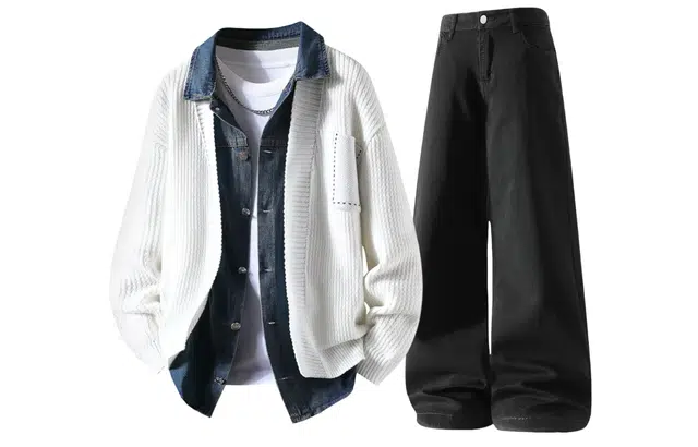 梓润格 假两件时尚百搭毛衣针织开衫宽松长袖上衣基础简约日常通勤微喇弹力牛仔裤休闲运动套装 男女同款