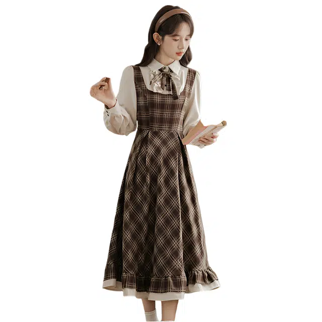 荟萃阁 法式假两件复古格纹绝美学院风裙子小个子 长袖连衣裙 女款