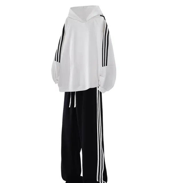 北欧攻略 美式高街复古学院风时尚三条杠条纹连帽设计感无性别主义重磅休闲长袖长裤卫衣套装 男女同款