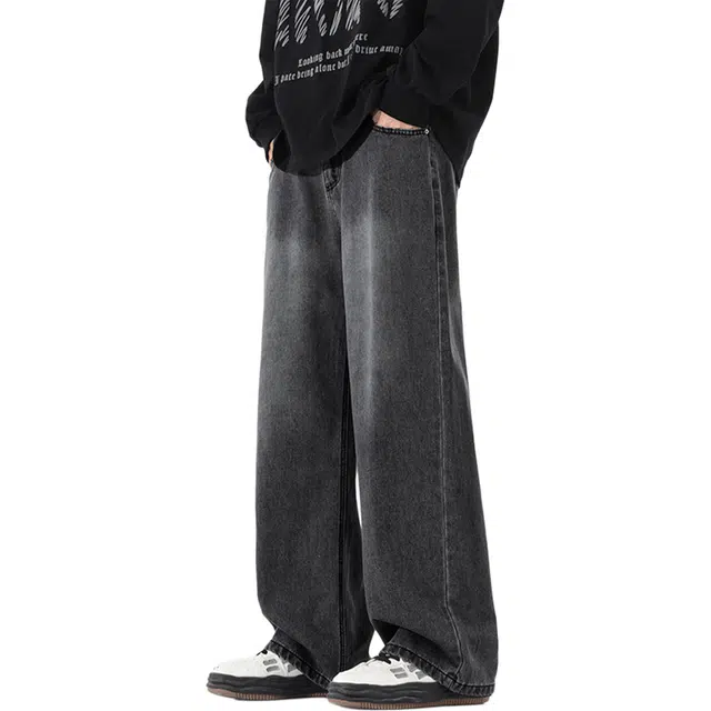 瑞梵帝斯 美式复古高街水洗做旧感窄版设计中腰显高合身通勤青春流行垂感微喇港风松紧腰百搭阔腿裤男生牛仔裤 男款