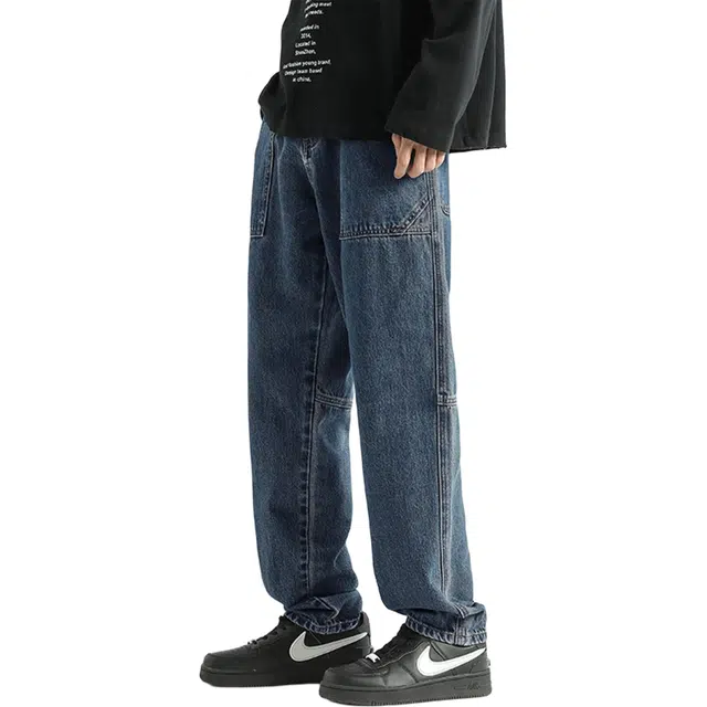 瑞梵帝斯 美式工装式男潮牌春秋季宽松直筒阔腿裤复古做旧水洗设计感街头风 猫须纹+磨边工艺细节满满牛仔裤 男款
