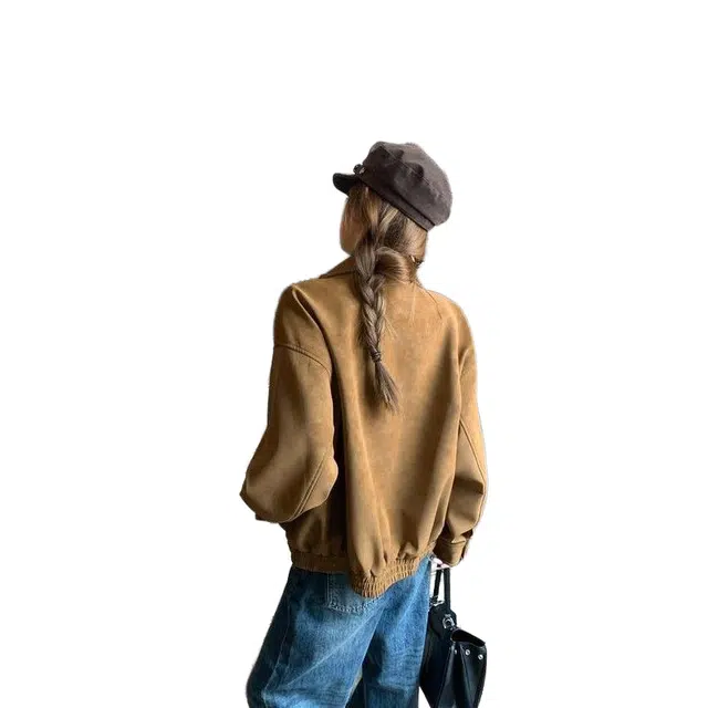 玉儿恋 美式复古麂皮女装春秋季宽松翻领休闲百搭显瘦外套潮夹克 女款