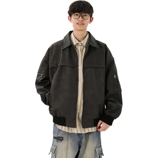冈哉 美式复古工装经典简约风翻领袖口下摆松紧防风拉链口袋个性潮流潮牌时尚日常通勤城市皮夹克 男女同款