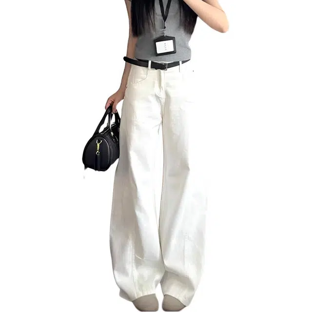 么宁 美式弯刀阔腿高腰宽松显瘦百搭直筒拖地裤子牛仔裤 女款