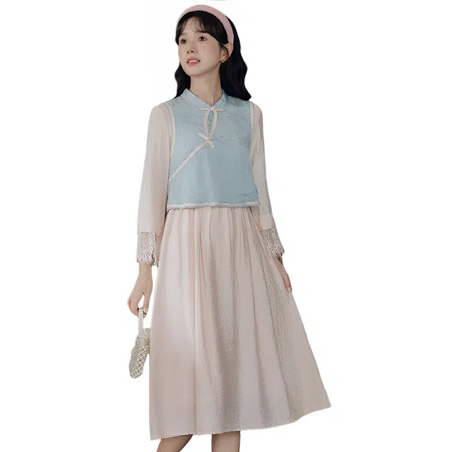 荟萃阁 假两件改良国风文艺少女蕾丝拼接显瘦长袖连衣裙 女款