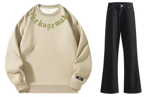 八哥 美式高街纯色字母宽松百搭通勤圆领套头水洗做旧废土风阔腿休闲运动套装 男女同款