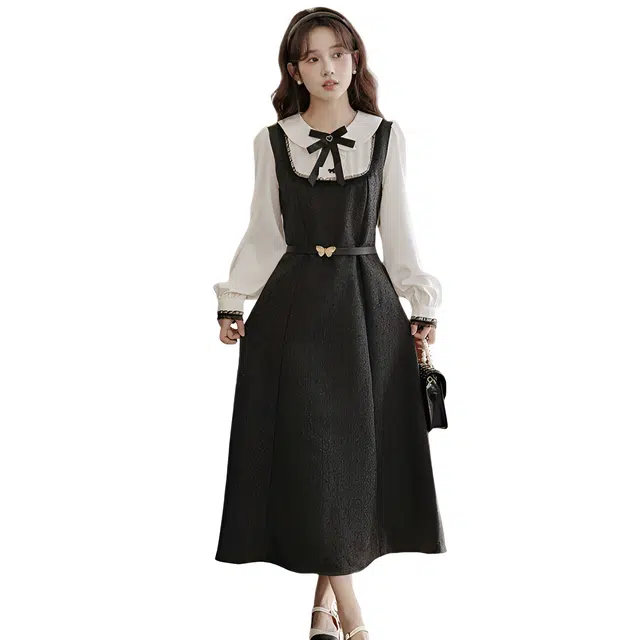 荟萃阁 巴赫旧梦甜美减龄学院风黑白撞色提花雪纺假两件长袖连衣裙 女款