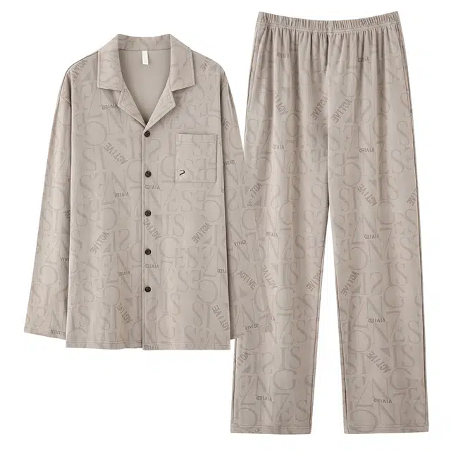 俏霓桐 春秋款简约字母口袋亲肤纯棉休闲舒适翻领长袖长裤家居服可外穿睡衣套装 男款