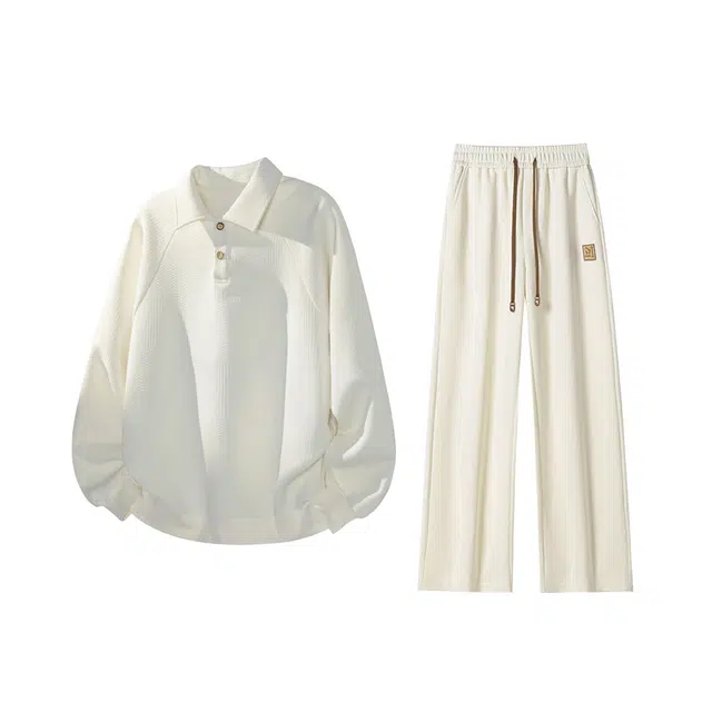 素杭 潮流肌理感翻领卫衣外套松紧腰贴标直筒卫裤两件套清爽帅气穿搭一整套休闲运动套装 男女同款