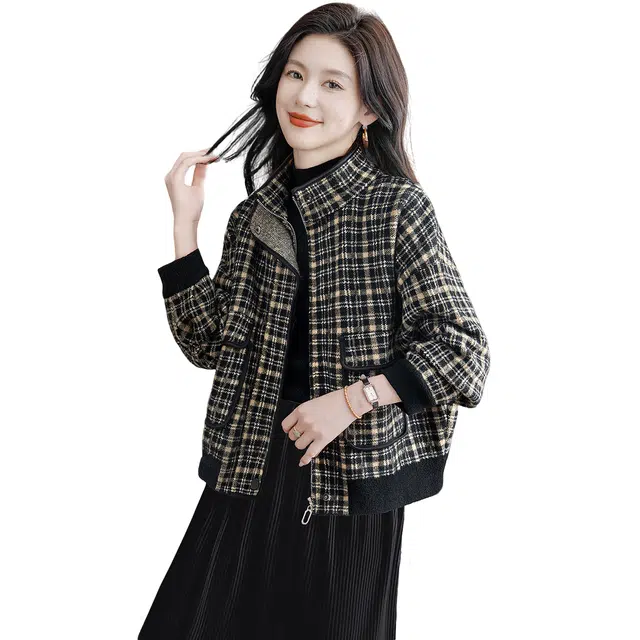 丝柏舍 立领休闲撞色格纹宽松款复古气质落肩长袖截短外套 女款