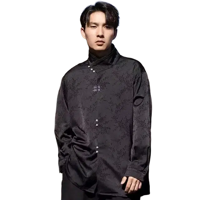 一碗士多 新中式缎面不规则盘扣暗纹唐装立领国风复古改良汉服搭配马面裙道袍中山装飞机袖日常百搭休闲宽松舒适衬衫 男女同款