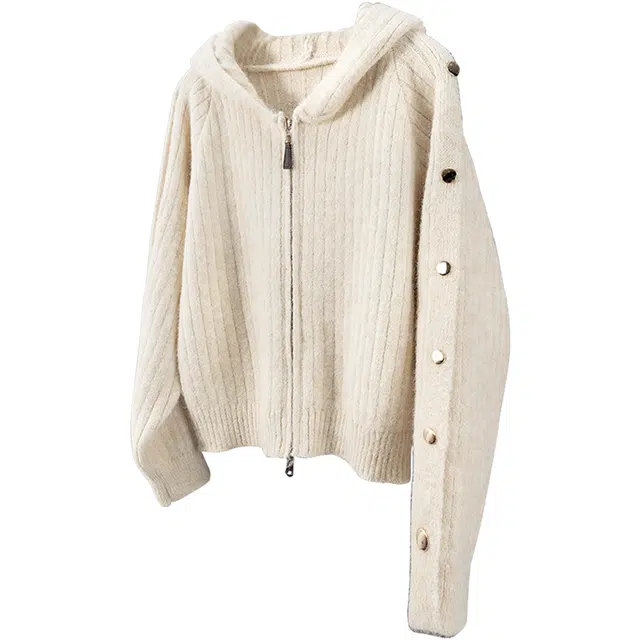 丝柏舍 连帽简约双向拉链短款开衫宽松款休闲装饰扣插肩长袖毛衣 女款