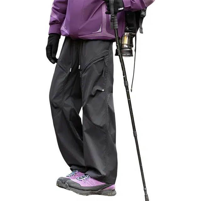 中国航天 山系户外透气宽松褶皱拉链拼接速干纯色伐木工装伞兵裤简约百搭时尚直筒阔腿裤运动高街潮流基础防水防污休闲裤 男女同款