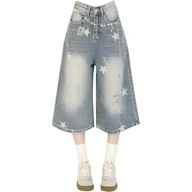 识恩 美式复古做旧星星印花八分裤宽松超火短裤女牛仔裤 女款