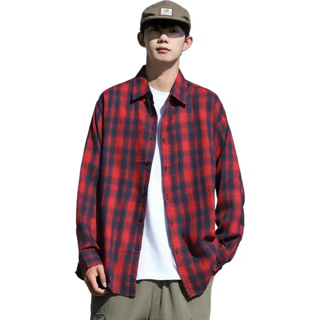 瑞梵帝斯 美式复古简约格纹衬衣休闲学院风外出潮流透气翻领百搭日常通勤外套宽松落肩尖领长袖男生衬衫 男款