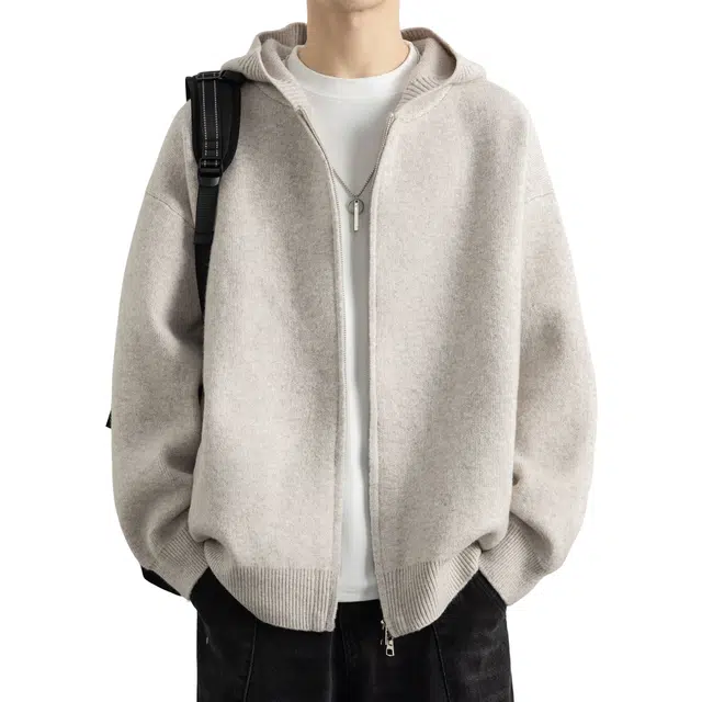 北欧攻略 日系纯色简约绒感软乎乎慵懒风软糯舒适双拉链设计连帽毛衣开衫外套休闲通勤百搭针织衫 男女同款