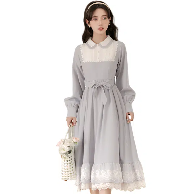 荟萃阁 文艺复古假两件设计感温柔减龄娃娃领长袖连衣裙 女款