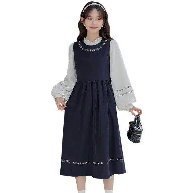 荟萃阁 复古花边圆领长袖上衣宽松背心连衣裙裙装套装 女款