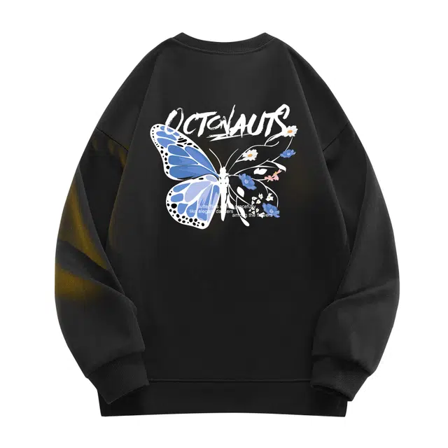 海底小纵队 美式高街植物蝴蝶字体品牌字母印花宽松休闲舒适纯棉日常通勤无性别落肩圆领套头卫衣 男女同款