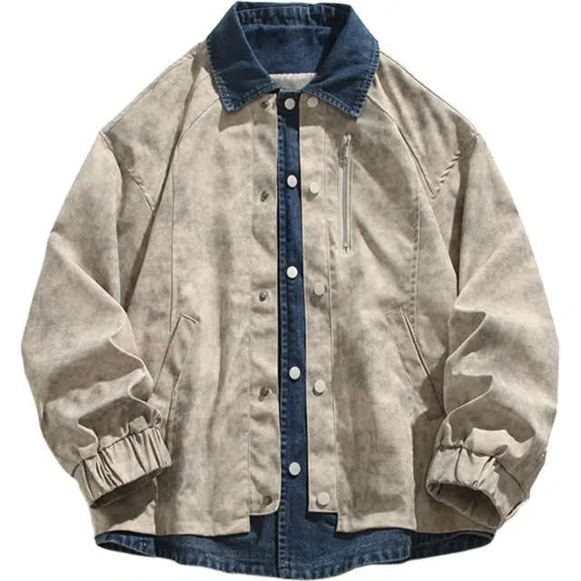稻草人 春秋季美式复古街头假两件牛仔拼接翻领上衣外套男生解构设计感潮牌痞帅扎染休闲宽松衬衣式夹克 男女同款