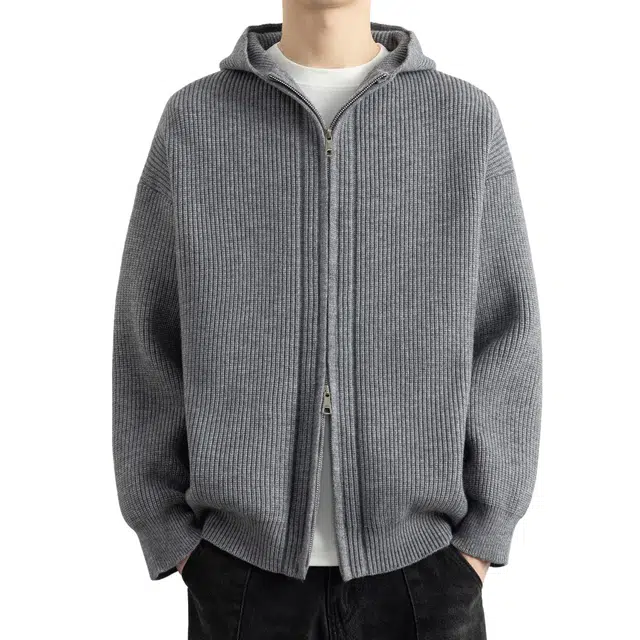 北欧攻略 日系纯色简约慵懒风软糯舒适双拉链设计连帽毛衣开衫外套休闲通勤百搭针织衫 男女同款