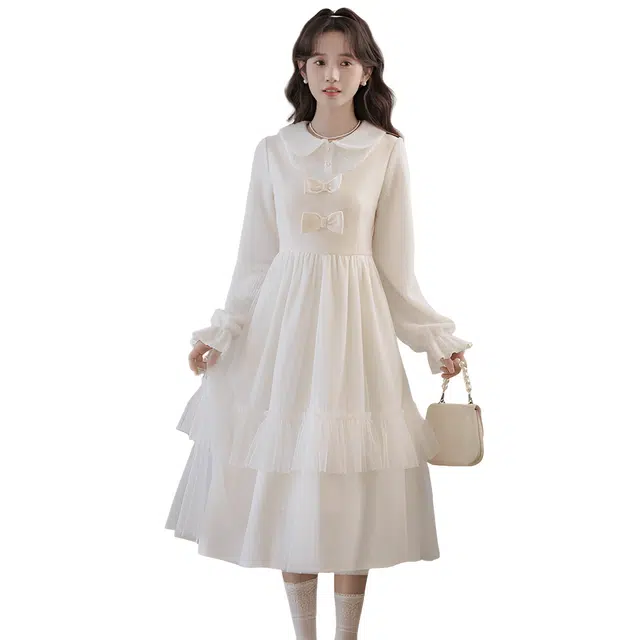 荟萃阁 娃娃领清风铃兰网纱拼接蛋糕裙甜美可爱减龄茶歇裙子长袖连衣裙 女款