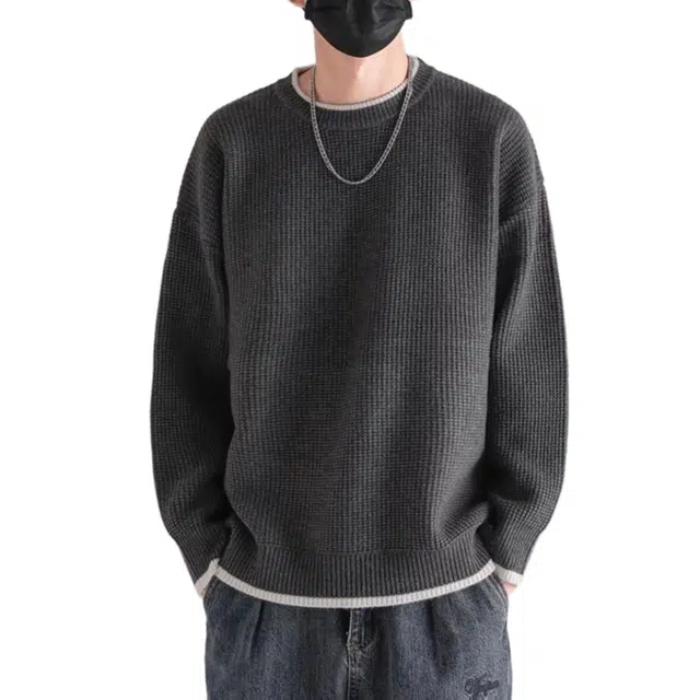 大格子与黑猫 潮牌假两件圆领长袖秋冬季宽松内搭打底慵懒针织衫 男款