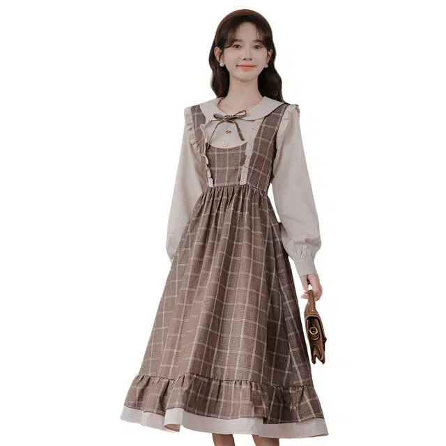 荟萃阁 复古法式学院风森系文艺格子裙假两件长袖连衣裙 女款