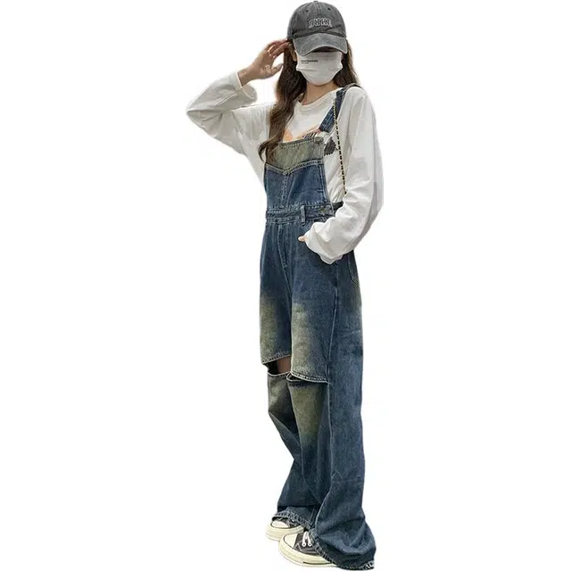 稻草人 美式复古破洞牛仔阔腿裤背带裤 女款