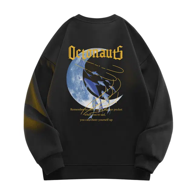 海底小纵队 美式复古月光流星星空鲸鱼品牌字母印花宽松休闲舒适纯棉日常通勤无性别落肩圆领套头卫衣 男女同款