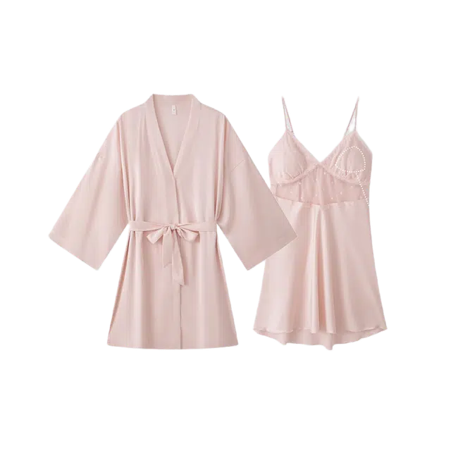 潞优野 轻盈高级感性感冰丝凉感纯欲风蕾丝镂空带胸垫吊带睡裙外袍两件夏季睡衣套装 女款