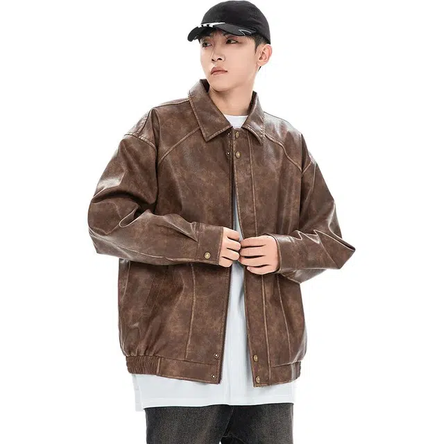 冈哉 美式复古休闲工装翻领明线装饰设计下摆松紧防风拉链口袋个性潮流潮牌时尚日常通勤城市皮夹克 男女同款