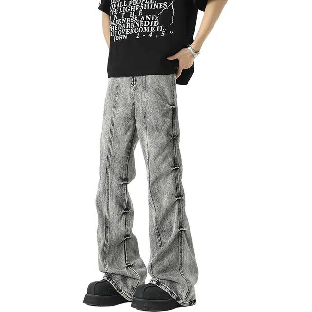 宝米卡 美式高街复古做旧废土风水洗褶皱微喇欧美阔腿裤潮流长裤牛仔裤 男女同款