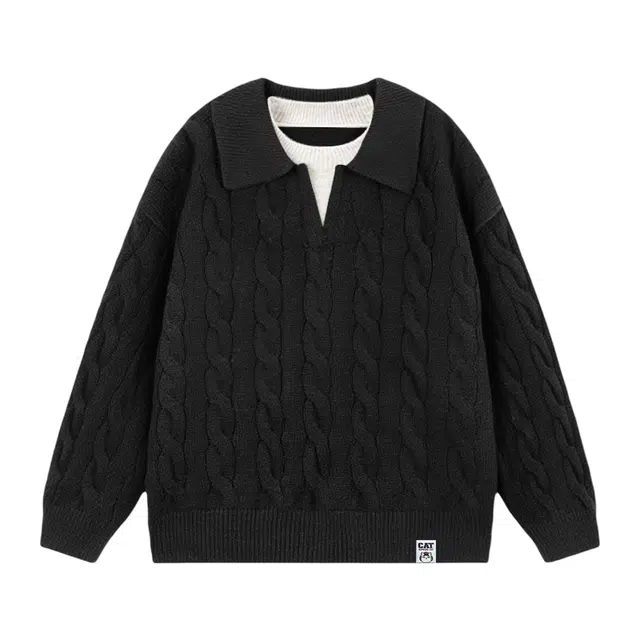 吾皇猫 学院风美式复古高街假两件翻领套头基础款长袖上衣慵懒风时尚贴布舒适透气春秋针织简约百搭冬季休闲毛衣 男女同款