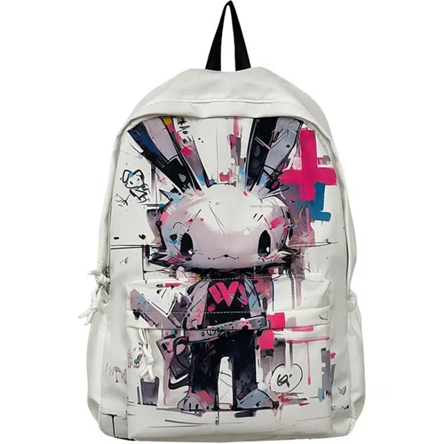 帕克熊 涂鸦卡通酷感兔日常上课背包 尼龙 双肩包 常规 男女同款情侣款 白色/黑色
