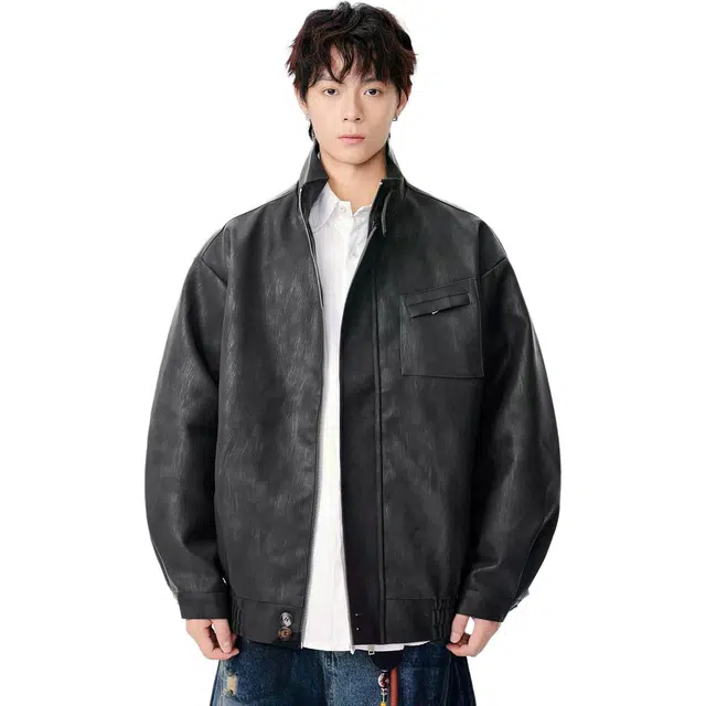 米素力 立领机车潮纯色长袖翻领宽松型真皮皮衣夹克 男款