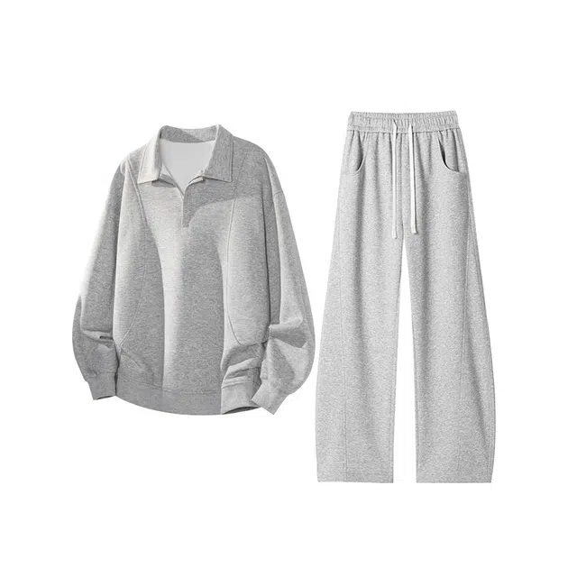 素杭 美式高街简约解构翻领长袖潮流宽松拼接卫裤两件套帅气穿搭一整套卫衣套装 男女同款