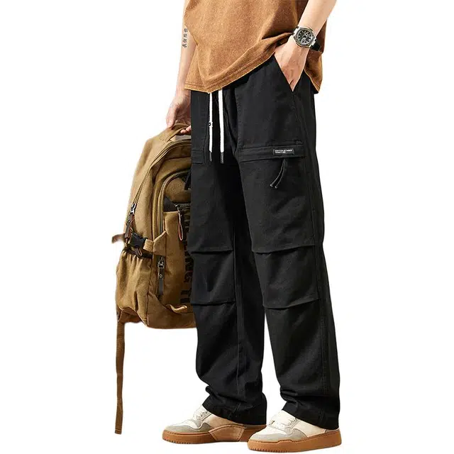 协协乐 高街风纯棉褶皱设计小众款春秋季美式复古宽松直筒阔腿拖地裤百搭痞帅青少年冬季休闲运动长裤工装裤 男款